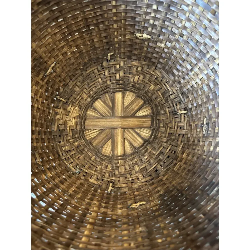 Round Vintage Southeast Asian Handwoven Bamboo Basket 12” X 7” With Handles